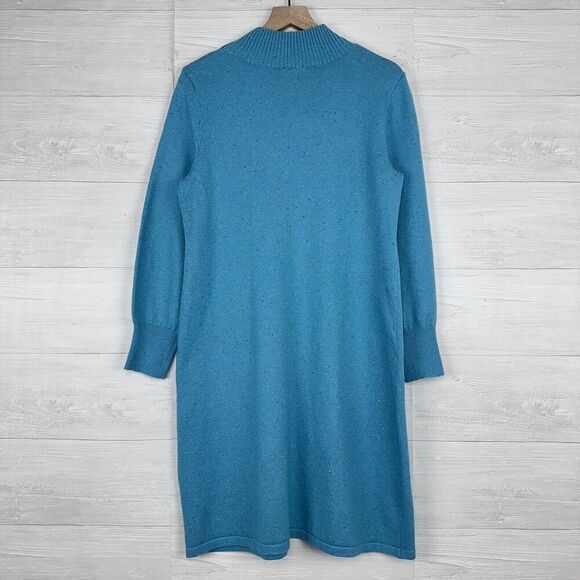 Talbots Mock Neck Sweater Dress Size Medium Aqua Blue Speckled Shoulder Buttons - Picture 7 of 15